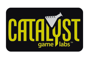 Logo Catalyst game labs mit eine Art Reagenzglas über dem LY