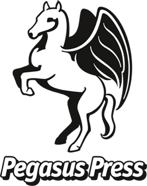 Logo Pegasus mit weißem Pferd mit Flügeln das auf den Hinterhufen steht.